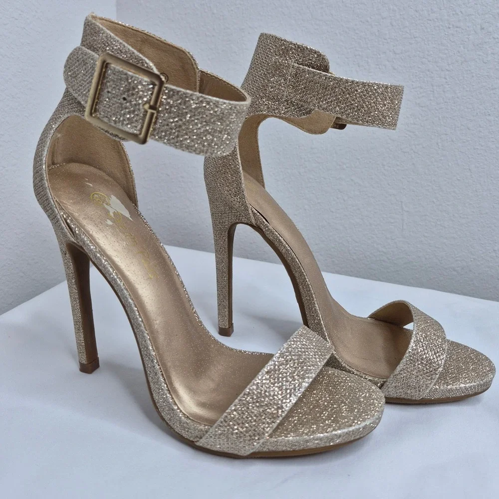 Dream Pairs Aaveey Women Champagne Gold Glitter Stiletto Ankle Strap Heels 6.5